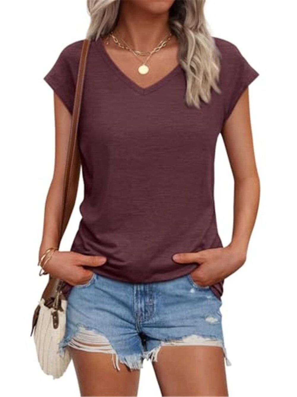Womens V Neck T Shirt Cap Sleeve Loose Fit Casual Summer Basic Tee Top
